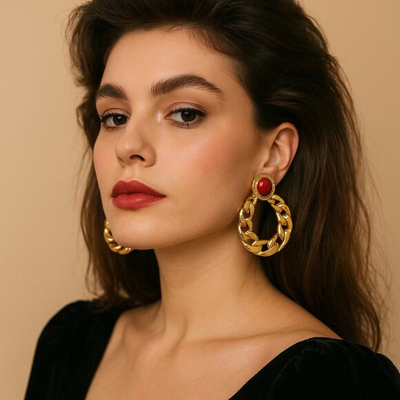 Gold Chain Hoop Statement Earrings Red Cabochon Clip-On Retro 80s - Picture 1 of 7